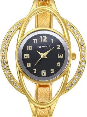 Anthropologie Gold Bracelet Watch with Black Dial and Crystal Accents